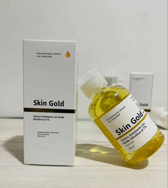 Caja y frasco del tónico Skin Gold con ácido glicólico al 7%