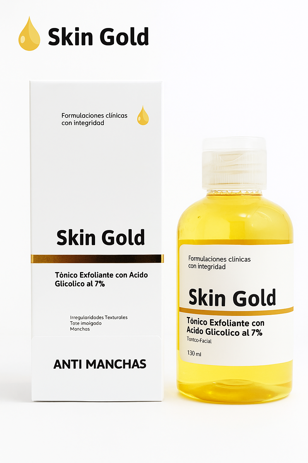 Tónico facial Skin Gold con ácido glicólico al 7%, frasco de 130 ml y su caja
