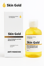 Tónico facial Skin Gold con ácido glicólico al 7%, frasco de 130 ml y su caja