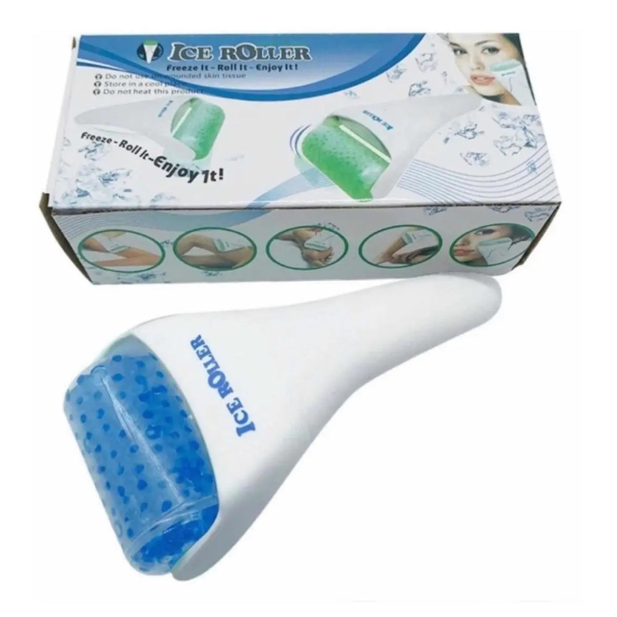 Rodillo de hielo facial con cabezal de gel azul y su caja