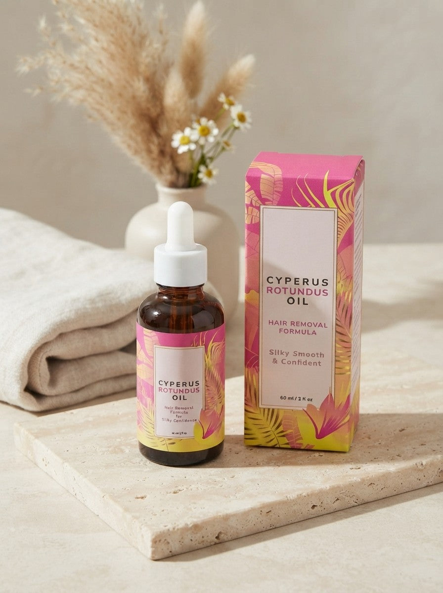 Aceite de Cyperus rotundus sobre piedra clara con toalla de lino y flores